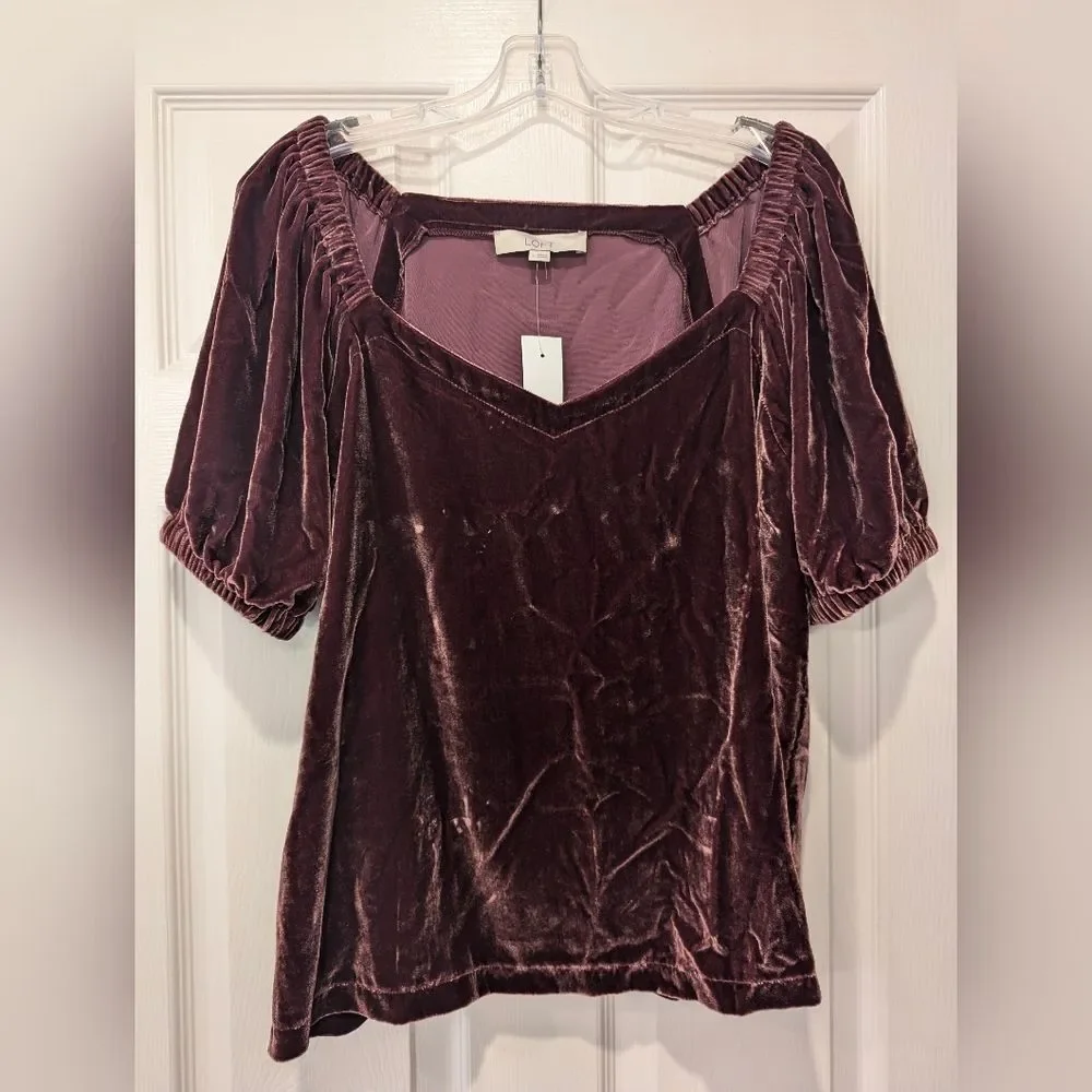 NWT purple brown soft burntout Velvet Puff Sleeve Top shirt size 10 square neck
